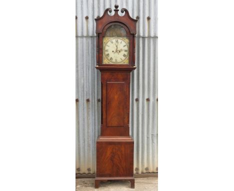 A late Georgian mahogany long case clock, with arched dial and having an automaton of a ship in a marine scene, with second h