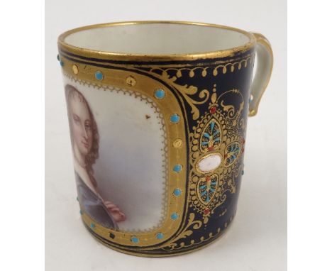 A 19th century Sevres porcelain coffee can, hand painted with a portrait of a woman to a gilt and jewelled frame, the ground 