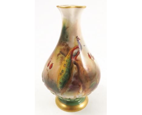 A Royal Worcester quarter lobed vase, decorated with a peacock in a tree, monogrammed J.H., circa 1907, height 4.25ins 