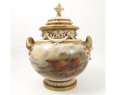 A Royal Worcester covered bow piece, decorated with Highland cattle by J Stinton, shape number 1428, circa 1923, restored, he