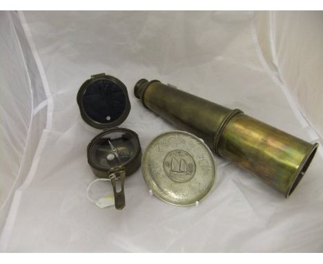 A modern three draw brass telescope, together with a reproduction brass compass inscribed "Brinton Compass Thomas. J. Evans E