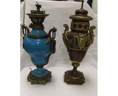 A late 19th Century red marble table lamp base of urn form with gilt metal mounts, together with a turquoise, pottery and bra