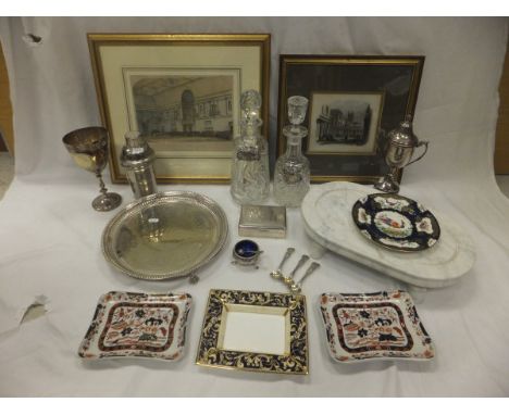 A collection of silver and plated wares to include cauldron salt, silver mounted cigarette box with engine turned decoration 