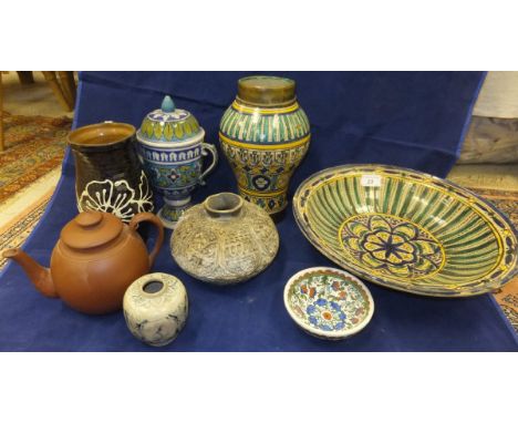 A collection of Iznik, Oriental, and Continental pottery to include a large footed bowl decorated in blue, green and yellow, 