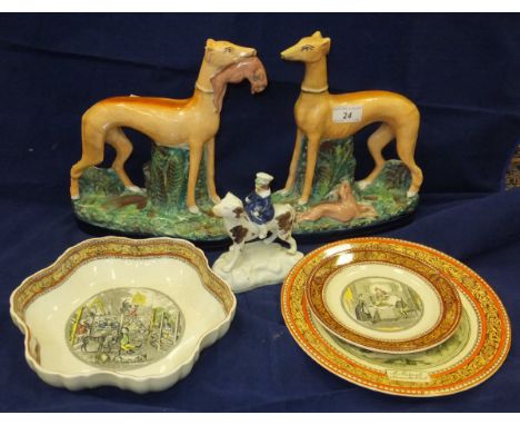 A pair of Staffordshire pottery greyhounds with prey, together with a miniature turquoise glazed Ruskin bowl / salt, a miniat