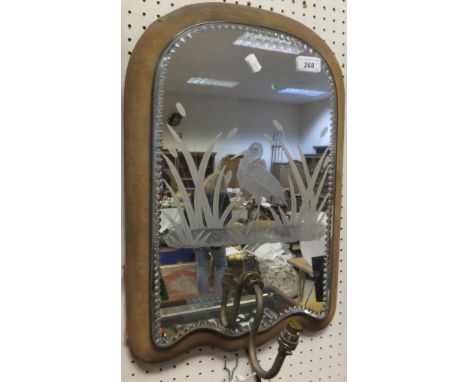A pair of girandole mirrors with wading bird amongst reeds etched into the glass and a single branch electric light fitting, 
