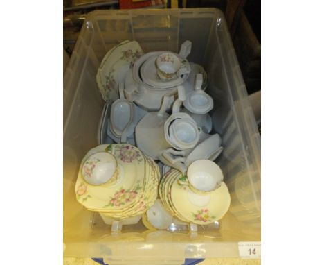A collection of items including a wooden trug with iron bound wheel, a box of assorted chinaware to include a Paragon "Apple 