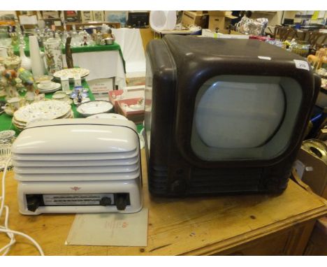 A vintage bakelite cased Bush radio television receiver Type TV22 and a KB Model BM20 radio in white plastic grilled casing, 