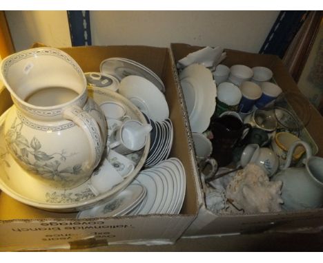 Two boxes of assorted china to include a Susie Cooper "Glen Mist" part tea set, two modern Chinese polychrome figures of fish