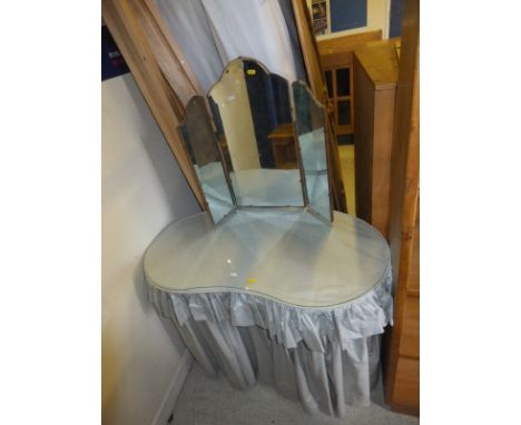 A kidney-shaped dressing table with three part mirror, an octagonal mirror and a pine three shelf wall hanging display cabine