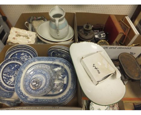 Two boxes of sundry china and glass to include a pair of 19th Century rummers and various blue and white serving platters, et