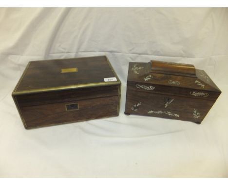 A Victorian rosewood and brass bound jewellery box (some fittings missing) and a 19th Century rosewood and mother of pearl in