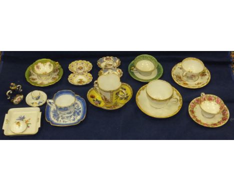 A collection of five Dresden cabinet cups and saucers, a Meissen gilt decorated cup and saucer, a Spode cup and saucer, two M