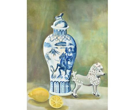 λ Lilian Hawthorn (née Leahy) (British 1909-1996)Blue vase, porcelain dog & lemonsOil on canvasboard39.5 x 29.5cm (15½ x 11½ 