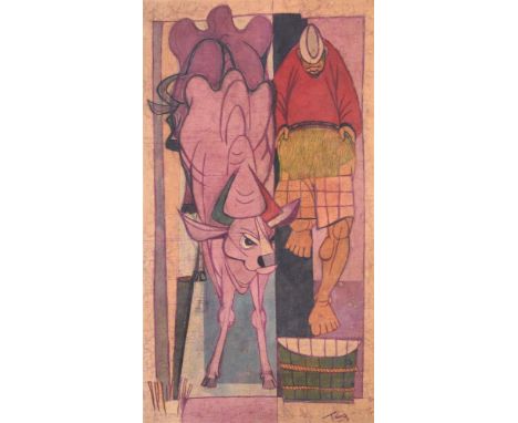 Chuah Thean Teng (Malaysian 1914-2008)Farmer and oxenBatik dye on clothSigned (lower right)96 x 49.5cm (37¾ x 19¼ in.)Conditi