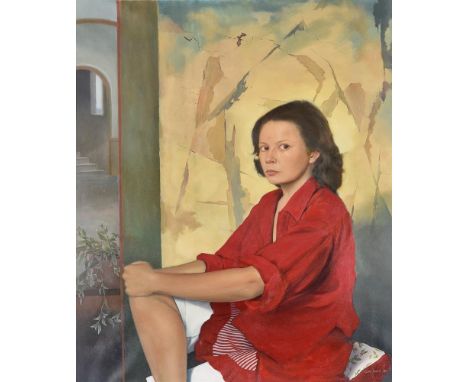 λ Claire Naylor (British 20th century)Set piece in red (self portrait)Oil on canvasSigned and dated '80 (lower right); furthe