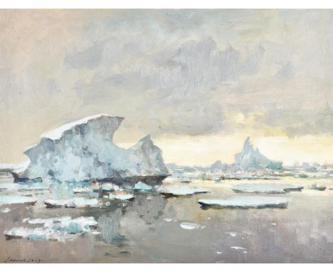 λ Edward Seago (British 1910-1974)Icebergs at Base 'W' off the Grahamland coastOil on canvas laid to boardSigned (lower left)