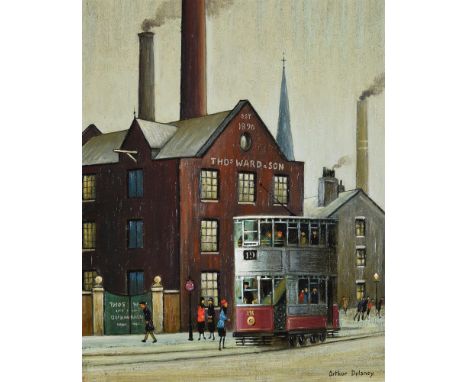 λ Arthur Delaney (British 1927-1987)The works tramOil on boardSigned (lower right); further signed, titled and inscribed (to 
