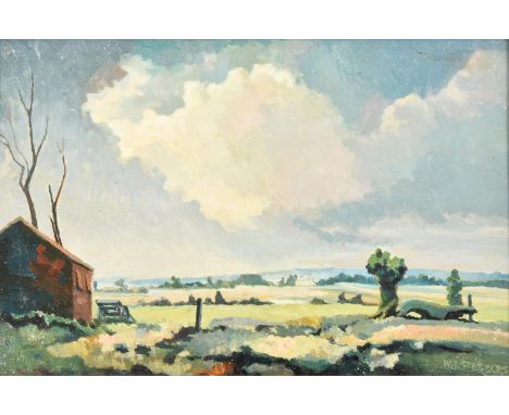 λ Walter Steggles (British 1908-1997)Essex LandscapeOil on boardSigned (lower right); further signed and titled (verso)25 x 3