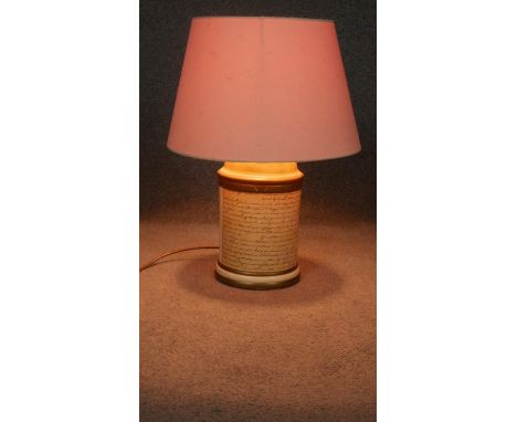 A John Lewis paper effect ceramic cylindrical table lamp with calligraphy and gilded details. Makers stamp to the base. 