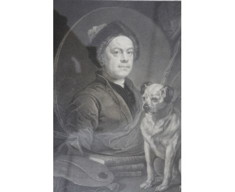 William Hogarth- A framed and glazed engraved self portrait with dog. H. 67 W. 57 