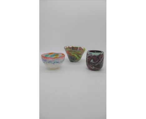Three pieces of multicoloured signed art glass. Indistinctly signed and dated. H.12 .18 (Largest) 
