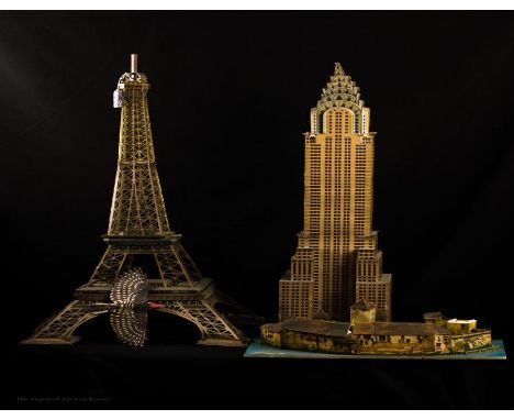 A paper model of the Eiffel Tower, 88cm tall, a paper model of the Empire State Building, 88cm, and two other paper models; o