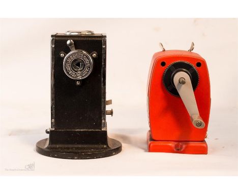 Two vintage pencil sharpeners: Eibar El Casco, Espana, height 15cm and a Velos Victory 666, 13cm high.