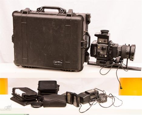 A large format professional Fujifilm GX680 camera with Fujinon 100-200mm/ 5.6 lens and a quantity of filters in a Peli 1610 r