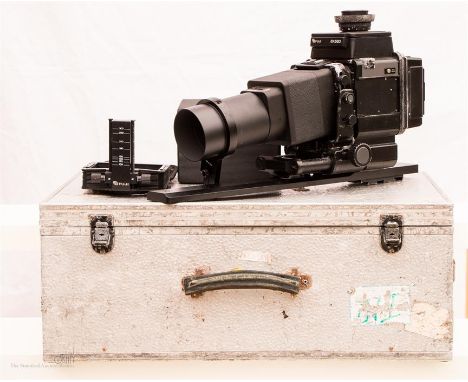 A large format professional Fuji gx 680 (as found) camera with 500/8 lens, bellows and batteries in strong metal case. 