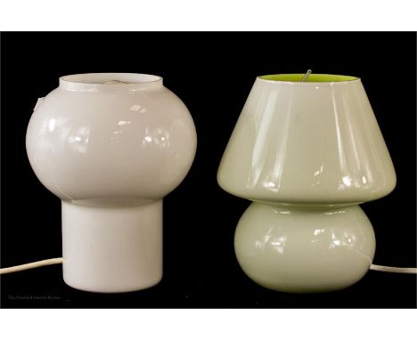 Two small glass table lamps, one white glass, height 19cm, the other is pale green by Dar Lighting, height 19cm.