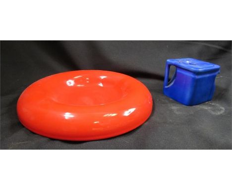 A large red ceramic ash tray Sicart, designer Spagnolo, togther with the Cube tea pot in powder blue, A. Wood, Longport Engla