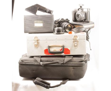 A group of photography equipment and metal case: to include Canon EF camera with Vivitar 70-200/ 2.8 zoom lens, GA645 Fujinon