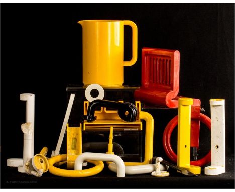 A quantity of vintage Crayonne bathroom fittings by Conran c.1970 and other ironmongery in a similar style in colours red / y