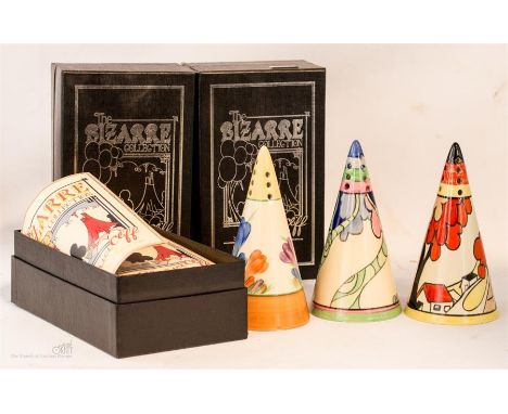 The Bizarre Collection by Clarice Cliff from Midwinter, quantity of three boxed shakers, 14cm in height.