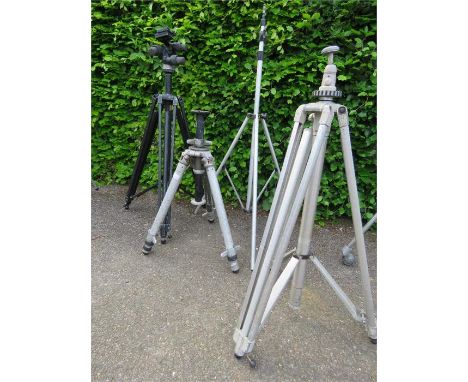 Four photography tripods, one by Gitza, and one by Linhoff with a Manfrotto leveller. 