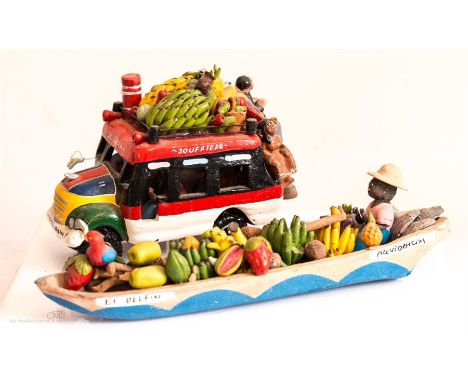 St Lucia model of a tour bus and Fresh Fruit seller in a canoe with a parrot pilot.