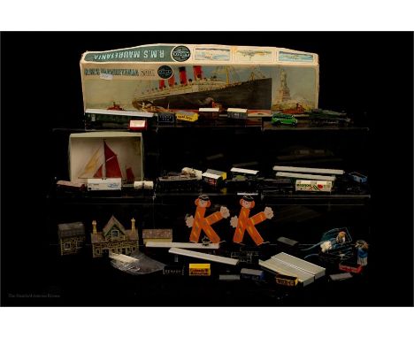 An Airfix model of RMS Mauretania, miniature model train and accessories etc. 
