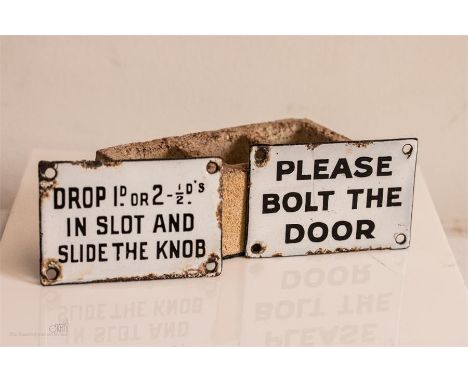 Two American enamel door plaques/signs 'Please bolt the door'.