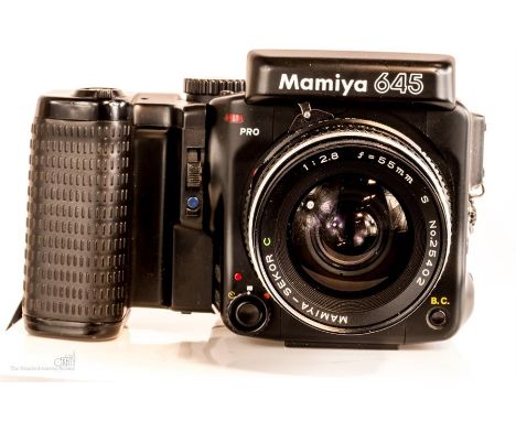 Mamiya 645 pro medium format SLR film camera with 1:2.8 55mm lens and powerdrive grip. 