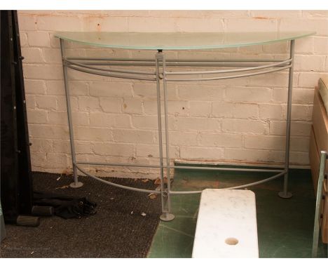 A semi circular console table c. 1980s with pale green frosted glass top on brushed aluminium tubular frame. 127cm long x 38c