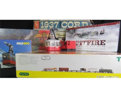 Rigi 900 Lehmann Cable Car, Battle of Britain board game, Spitfire story book, Mein Start minitrix, and a Model to Makeup 193