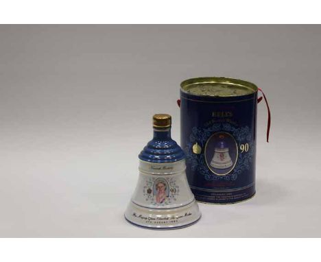 BELL'S QUEEN MOTHER 90TH BIRTHDAY BELL
Blended Scotch Whisky in white and blue Wade ceramic decanter. 75cl, 43% volume, in tu