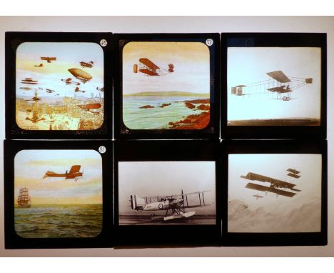 Six various aviation related magic lantern slides - including a Curtis winning the Gordon-Bennet cup.