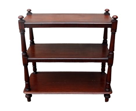 An early Victorian mahogany three tier buffet - the rectangular shelves with turned supports and raised on turned feet, 91 x 