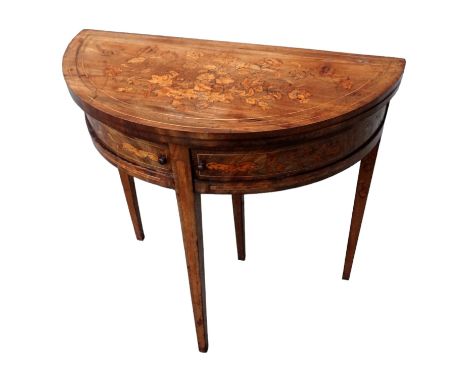 A 19th century continental mahogany and marquetry D-shaped card table - the hinged top decorated with flowers and foliage, ab