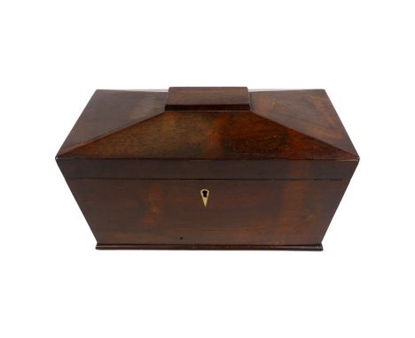 An early Victorian rosewood tea caddy - of sarcophagus from, the interior divided for two caddies and a mixing bowl, width 34