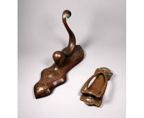 A late 19th century Art Nouveau style brass knocker - height 18cm, together with a planished copper hanging bracket mounted o