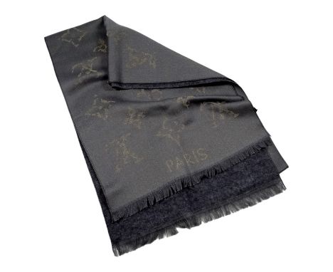 A Louis Vuitton cashmere and wool scarf - dark grey with gilt weft logo decoration, 120 x 32cm.