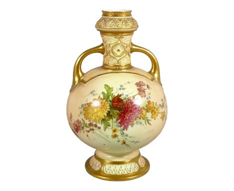 A Royal Worcester blush ivory vase - circa 1901, with impressed strapwork decoration to neck, twin handles and painted with s